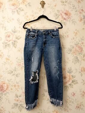KanCan Jeans Womens 9/28 Distressed Cropped Raw Fringe Hem Stretch Denim Blue
